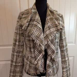 Women's Tweed Blazer - Brown, White, and Tan with Gold Metallic Thread